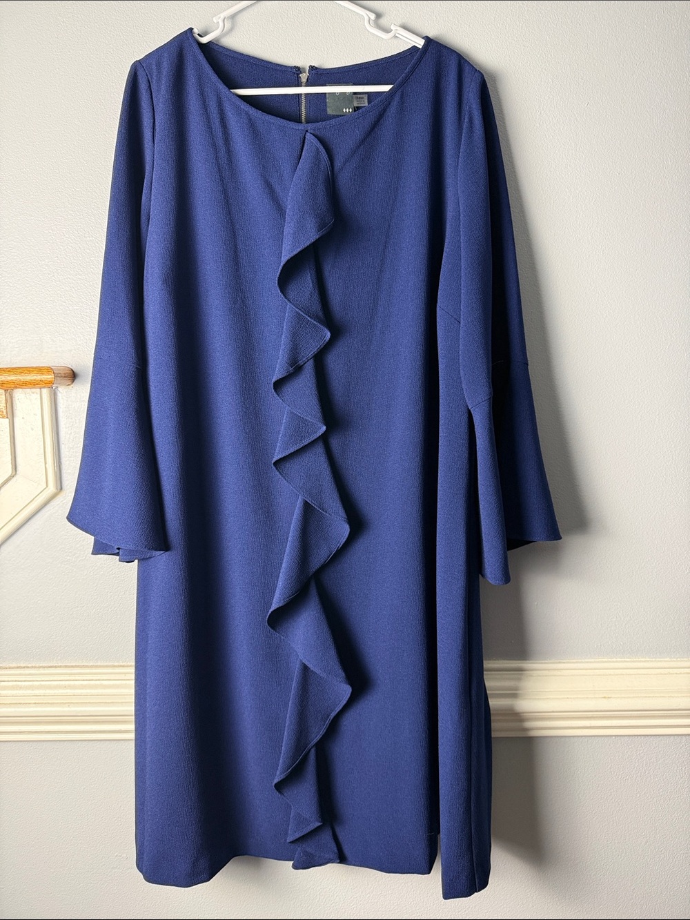 Ruffle-Front Navy Blue Long Sleeve Dress